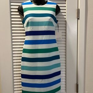 Calvin Klein Sleeveless Midi Dress in Blue, Teal & White Stripes